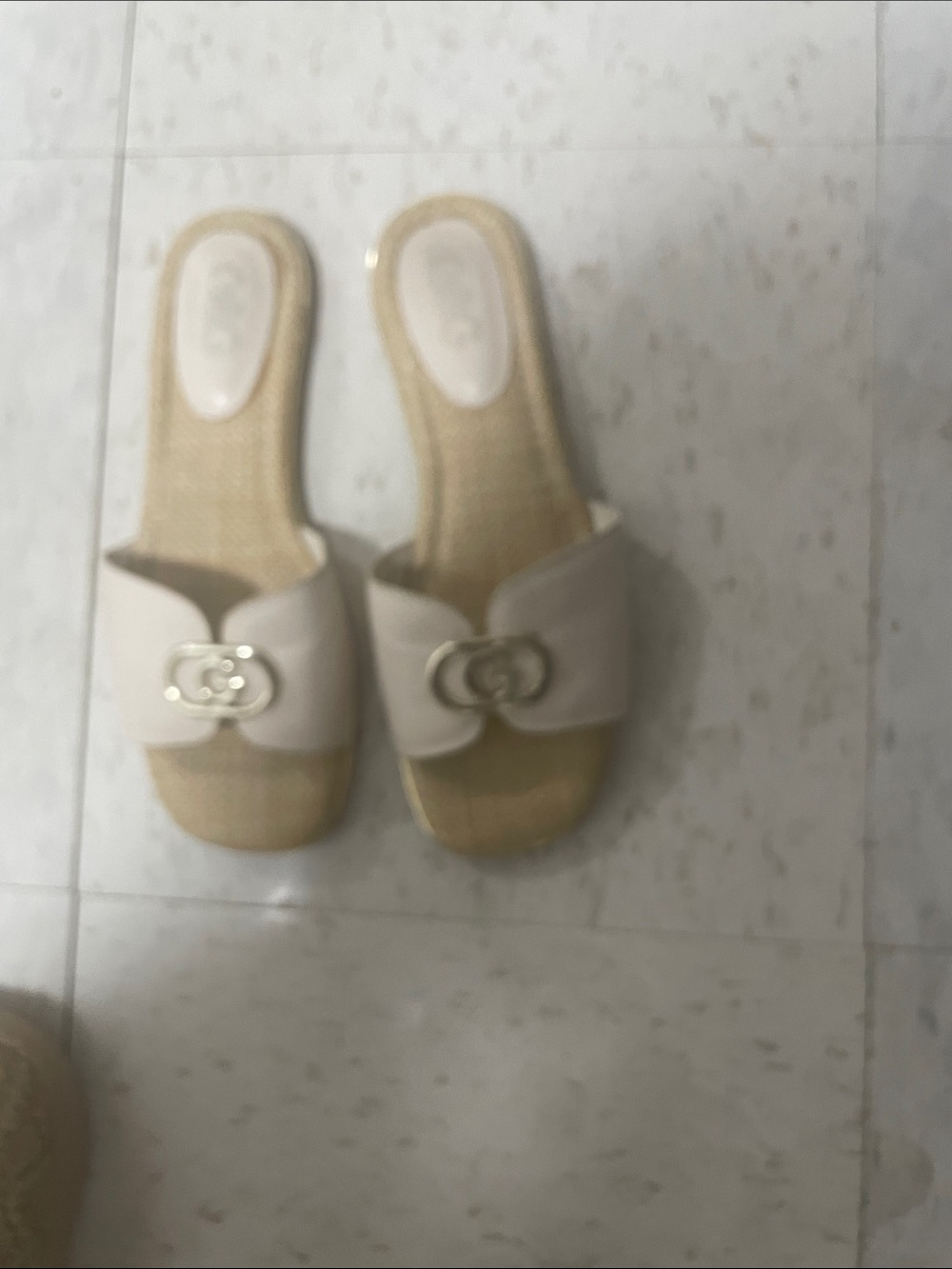 Beige Slide Sandals with Gold Accent